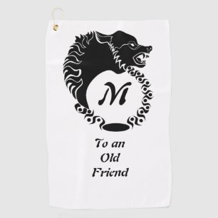 Tribal Black Wolf Head Silhouette Laurel Monogram Golf Towel