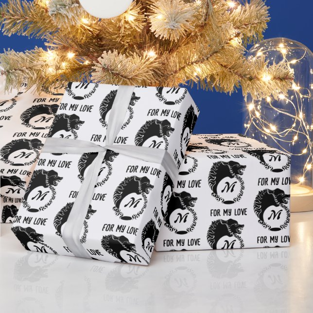 Tribal Black Wolf Head Silhouette Laurel Monogram Wrapping Paper (Holidays)
