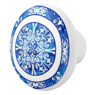 Tribal Blue and White Capri Maiolica Azulejo Ceramic Knob