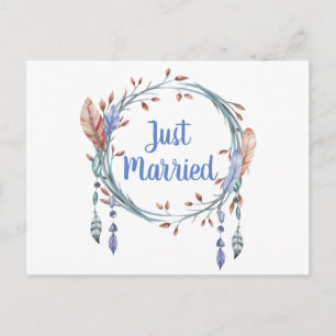 Tribal Blue Feathers Boho Just Married Wedding Announcement Postcard