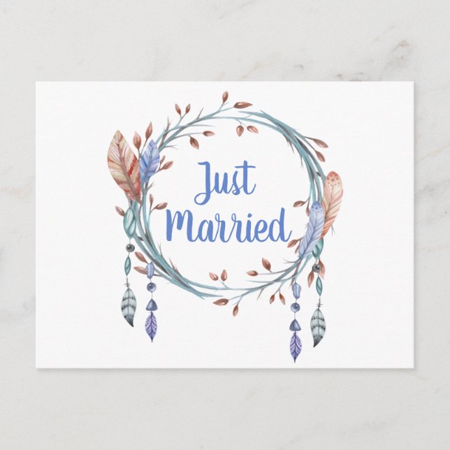Tribal Blue Feathers Boho Just Married Wedding Announcement Postcard (Front)