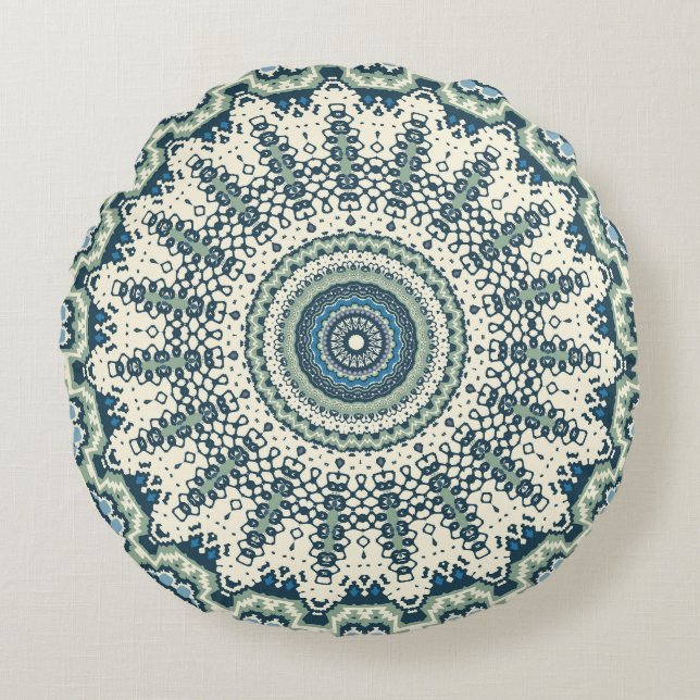 Tribal Blue Green Mandala Round Cushion (Front)