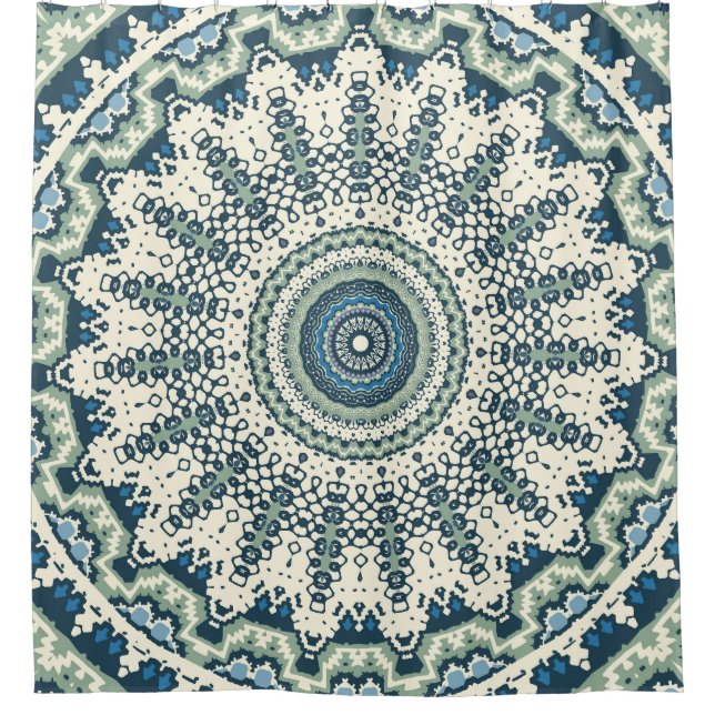Tribal Blue Green Mandala Shower Curtain (Front)