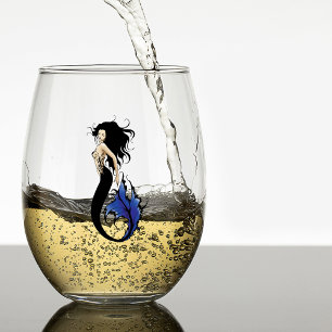 Tribal Blue Mermaid Elegant Fantasy Siren Stemless Wine Glass