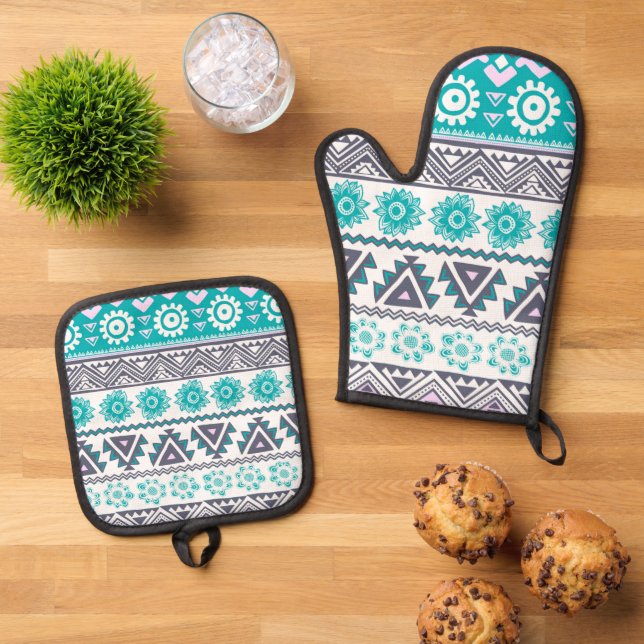Tribal Blue  Oven Mitt & Pot Holder Set (Top Down)