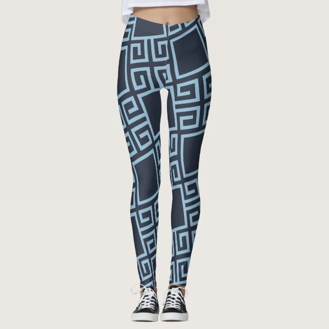 Tribal Blue White Minimal Pattern Leggings (Front)