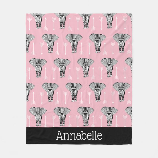 Tribal Bohemian Elephants & White Arrows Fleece Blanket (Front)