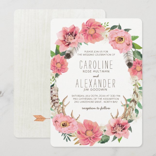 Tribal Bohemian Floral Wreath Wedding Invitations (Front/Back)