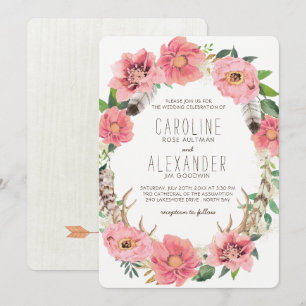 Tribal Bohemian Floral Wreath Wedding Invitations