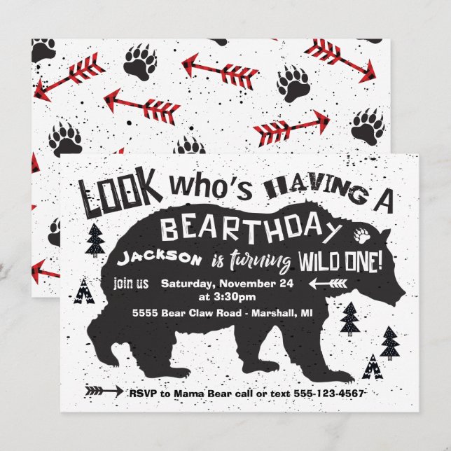 Tribal Boho Bear Birthday Invitation Wild One! (Front/Back)