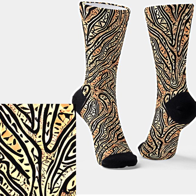 Tribal Boho Crocodile Black on Brown Socks (Creator Uploaded)