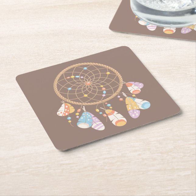 Tribal Boho Dreamcatcher on Brown Square Paper Coaster (Angled)