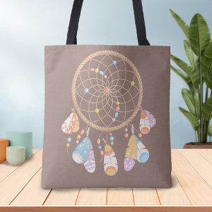 Tribal Boho Dreamcatcher on Brown Tote Bag