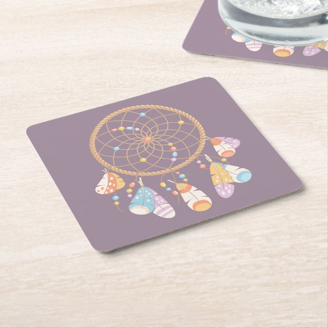 Tribal Boho Dreamcatcher on Purple Square Paper Coaster (Angled)