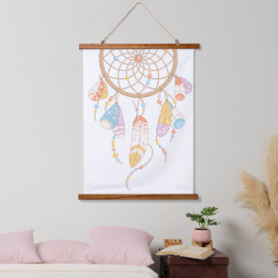 Tribal Boho Dreamcatcher on White Hanging Tapestry
