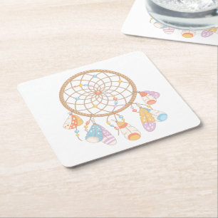 Tribal Boho Dreamcatcher on White Square Paper Coaster