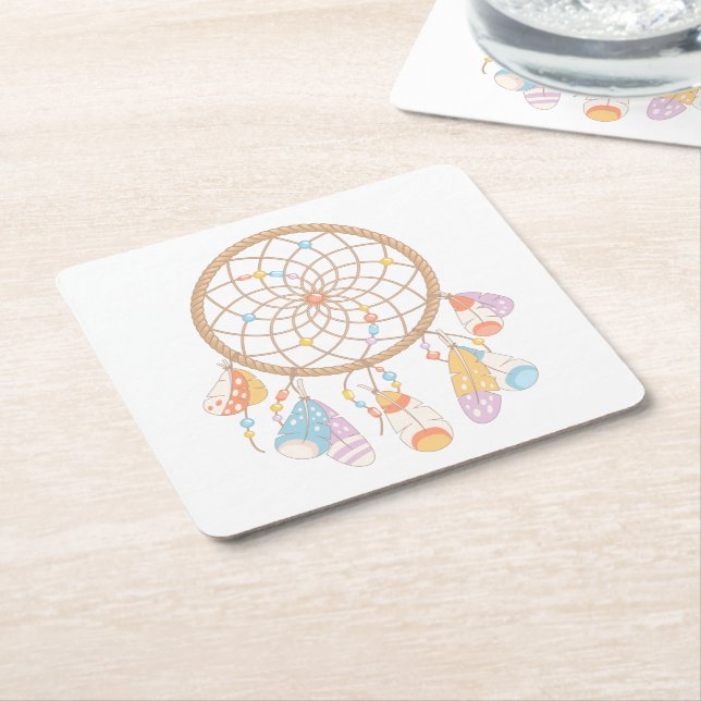 Tribal Boho Dreamcatcher on White Square Paper Coaster (Angled)