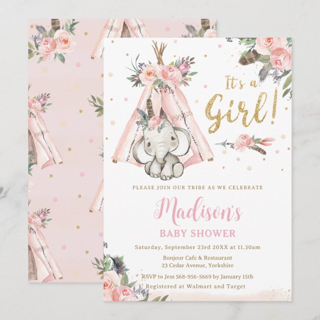 Tribal Boho Elephant Pink Girl Baby Shower Invitation (Front/Back)