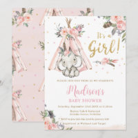 Tribal Boho Elephant Pink Girl Baby Shower