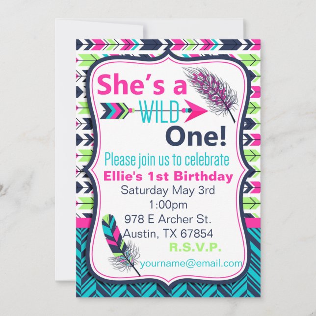 Tribal, Boho, Feather Wild One Birthday Invitation (Front)