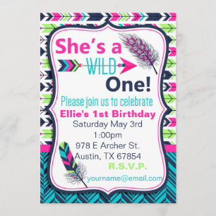 Tribal, Boho, Feather Wild One Birthday Invitation