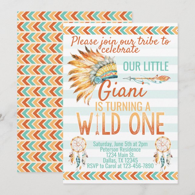 Tribal Boho Headdress Birthday Party Invitation (Front/Back)