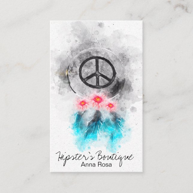 *~* Tribal Boho Peace Sign Feathers Flowers Grunge Business Card (Front)
