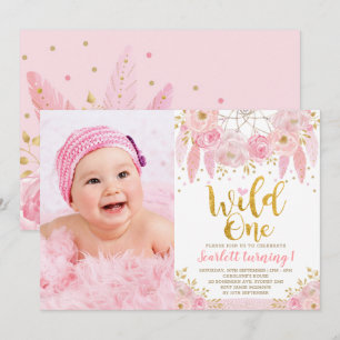 Tribal Boho Pink Dreamcatcher Wild One Birthday Invitation