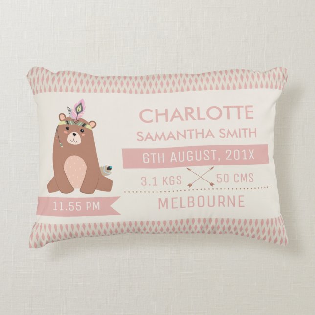 Tribal Boho Teddy Bear Birth Announcement Cushion (Front)