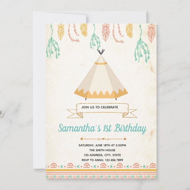 Tribal boho teepee birthday shower invitation (Front)