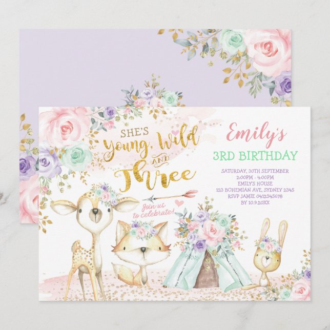 Tribal Boho Woodland Animals Teepee 3rd Birthday Invitation (Front/Back)