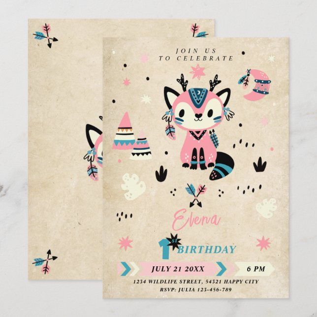 Tribal Boho Woodland Animals Wild One 1st Birthday Invitation (Front/Back)