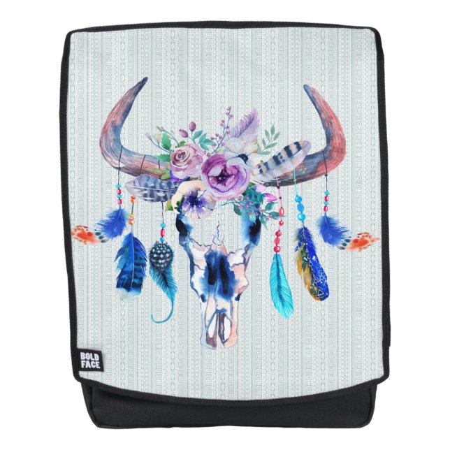 Tribal Buffalo Scull Flowers & Feathers Backpack (Front)
