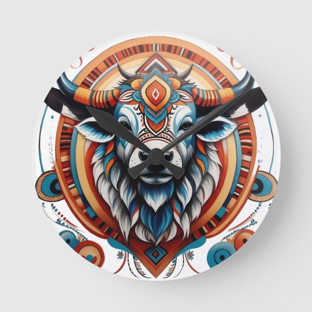 Tribal buffalo spirit logo round clock (Front)