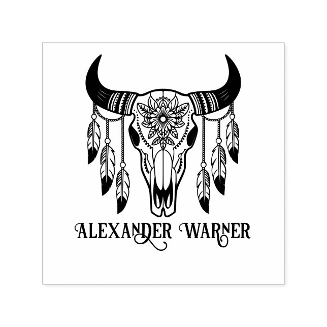 Tribal Bull Cow Skull Feathers Name Self-inking Stamp (Design)