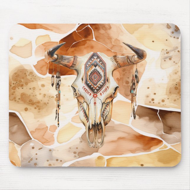 Tribal Bull Horns Skull Mouse Mat (Front)