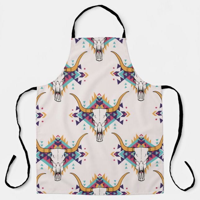 Tribal Bull Skull: Boho Seamless Apron (Front)
