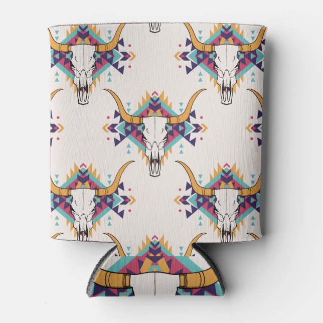 Tribal Bull Skull: Boho Seamless Can Cooler (Front)