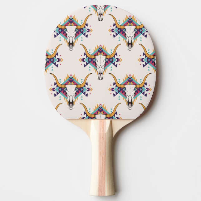 Tribal Bull Skull: Boho Seamless Ping Pong Paddle (Front)
