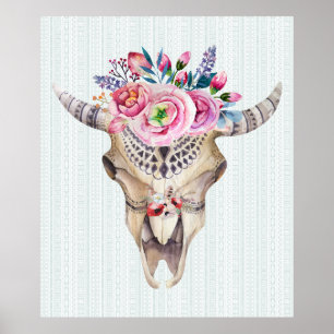 Tribal Bull Skull & Pink Watercolors Flowers Poster