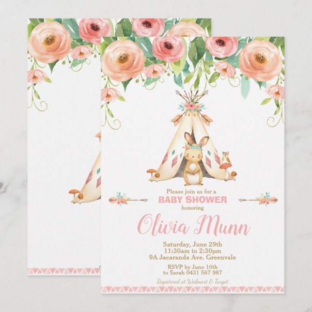 Tribal Bunny Rabbit Baby Shower Woodland Boho Girl Invitation (Front/Back)