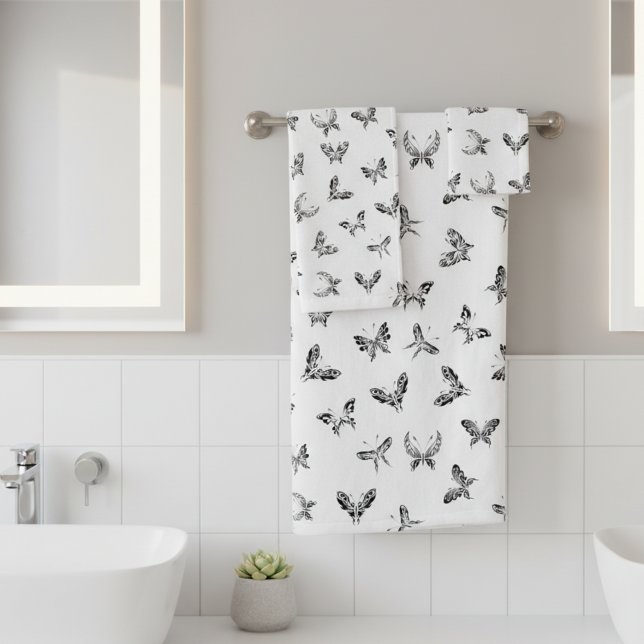 Tribal Butterflies Bathroom Towel Set of Three (Set of 3 black and white butterfly themed bathroom towels.)