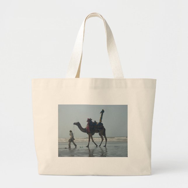 Tribal Camel Ride: Morning Tide Sands & Sea Large Tote Bag (Front)