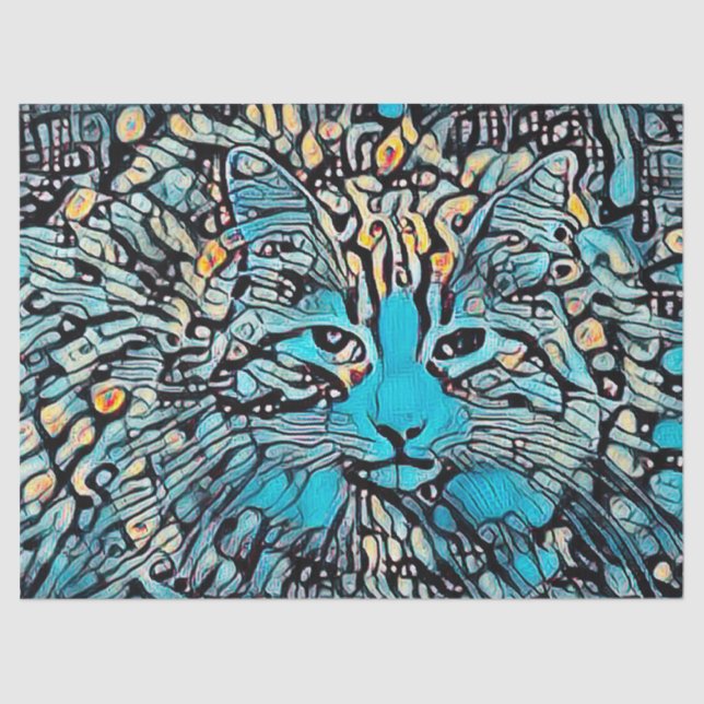 Tribal Cat Blue Yellow Mosaic Abstract Decoupage Tissue Paper (Front)