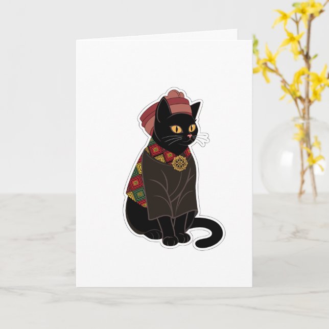 Tribal Chief Black Cat Greeting Card (Yellow Flower)