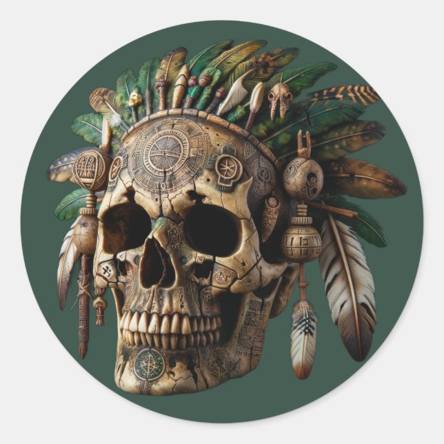 Tribal Clan Skull Classic Round Sticker (Front)
