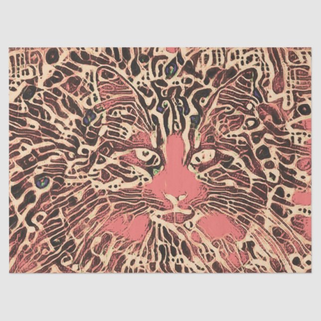 Tribal Cute Tabby Cat Pink Brown Hippie Mosaic Art Tissue Paper (Front)