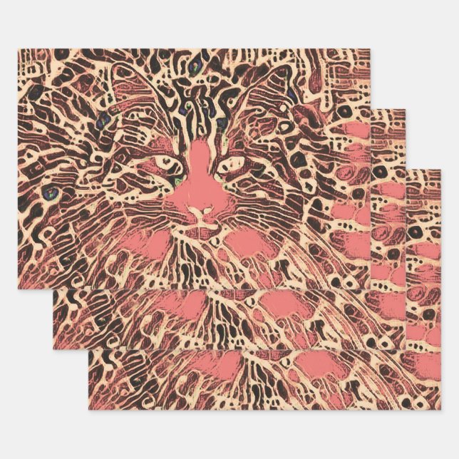 Tribal Cute Tabby Cat Pink Brown Hippie Mosaic Art Wrapping Paper Sheet (Set)