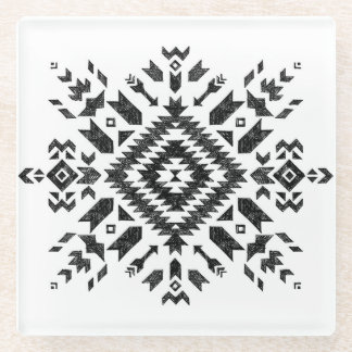 Tribal Design: Black White Hand-Drawn Glass Coaster