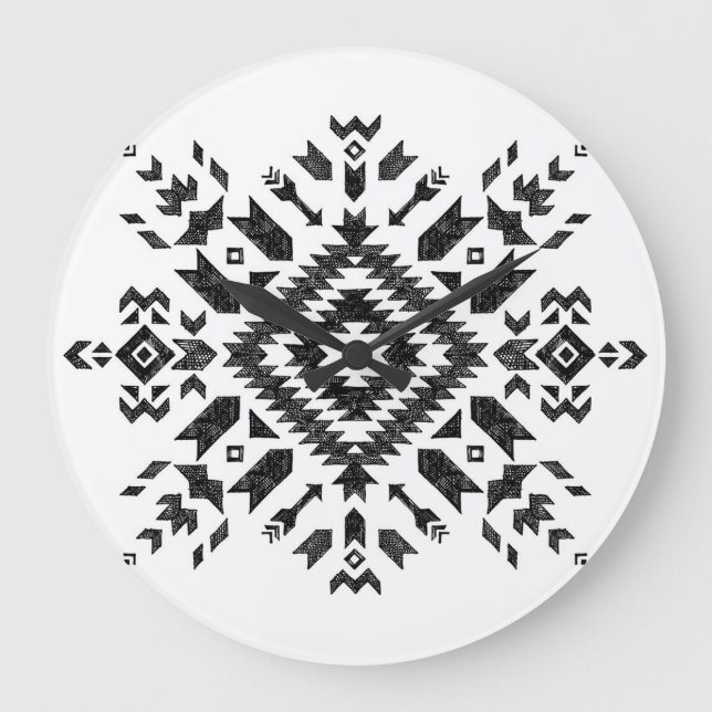 Tribal Design: Black White Hand-Drawn Large Clock (Front)